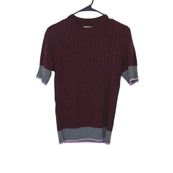 Tome Collective Short Sleeve Plum Ribbed Sweater Size L Merino Wool Blend - Picture 2 of 7